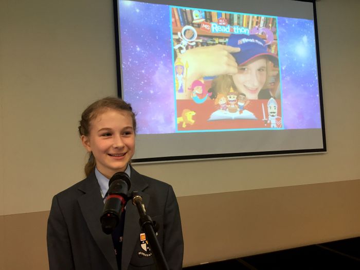 Presenting to the Illawarra Grammar Junior School on the day of the launch of the 2018 MS Readathon